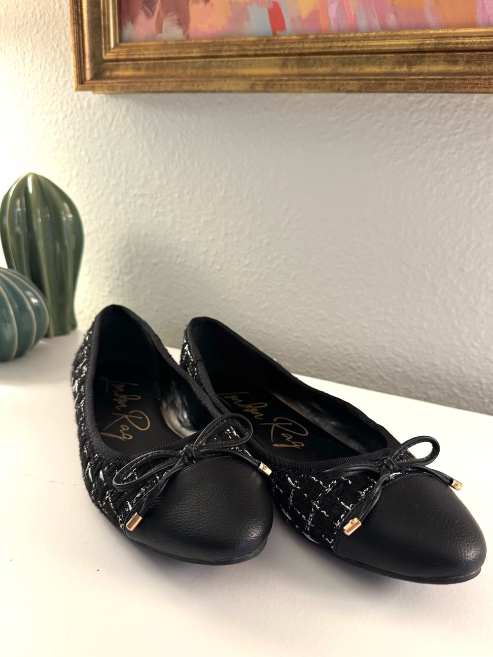 London Rag - Women’s Black Tweed & Leather Ballet Flats with Bow